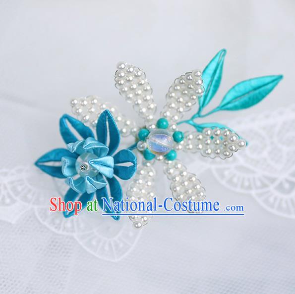 Chinese Traditional Blue Flower Pearls Hairpin Handmade Hanfu Hair Accessories for Women