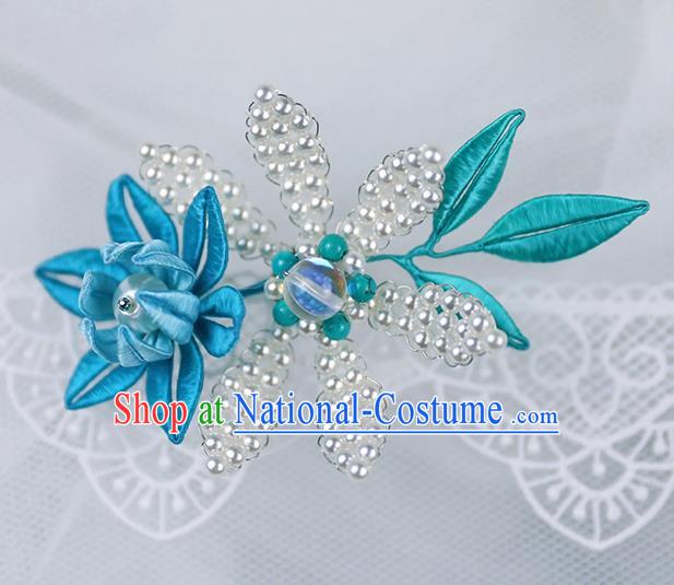 Chinese Traditional Blue Flower Pearls Hairpin Handmade Hanfu Hair Accessories for Women