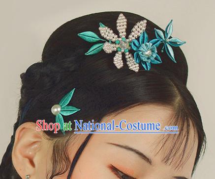 Chinese Traditional Blue Flower Pearls Hairpin Handmade Hanfu Hair Accessories for Women