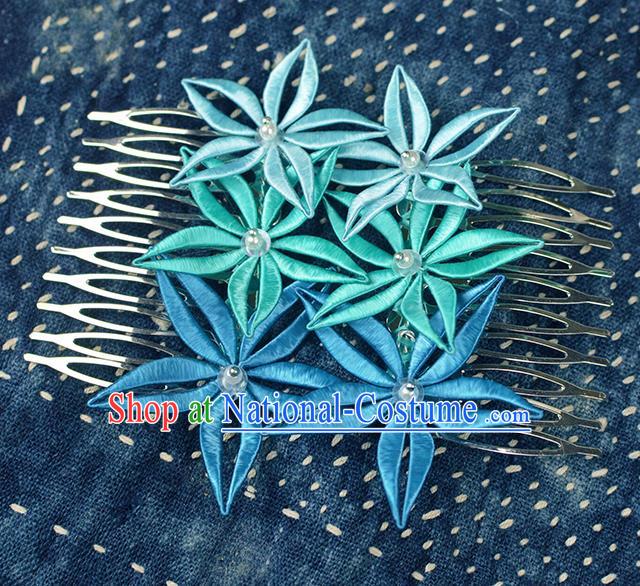 Chinese Traditional Blue Flowers Hair Comb Handmade Hanfu Hair Accessories for Women