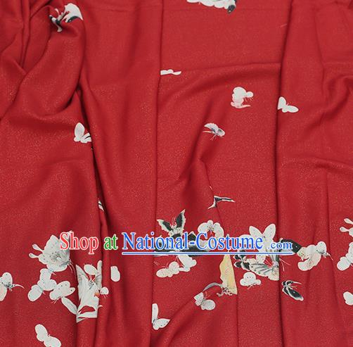 Asian Chinese Classical Printing Butterfly Pattern Design Red Silk Fabric Traditional Hanfu Brocade Material