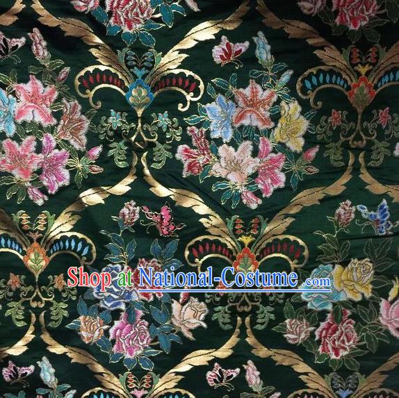 Asian Chinese Classical Peony Lily Flowers Pattern Design Green Silk Fabric Traditional Nanjing Brocade Material