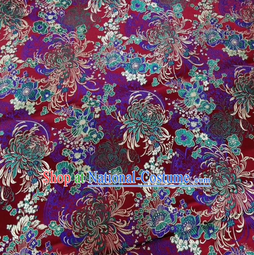 Asian Chinese Classical Chrysanthemum Pattern Design Wine Red Silk Fabric Traditional Nanjing Brocade Material