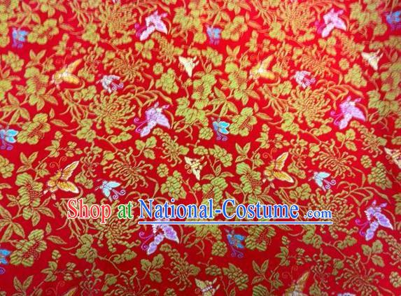 Asian Chinese Classical Butterfly Chrysanthemum Pattern Design Red Silk Fabric Traditional Nanjing Brocade Material