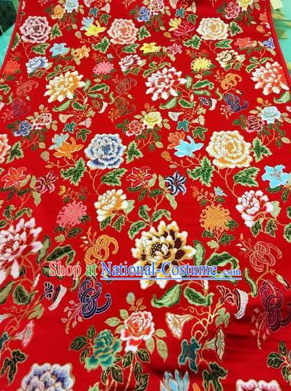 Asian Chinese Classical Peony Chrysanthemum Pattern Design Red Silk Fabric Traditional Nanjing Brocade Material