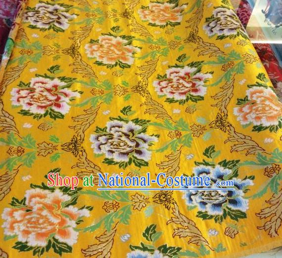 Asian Chinese Classical Peony Pattern Design Bright Yellow Silk Fabric Traditional Nanjing Brocade Material