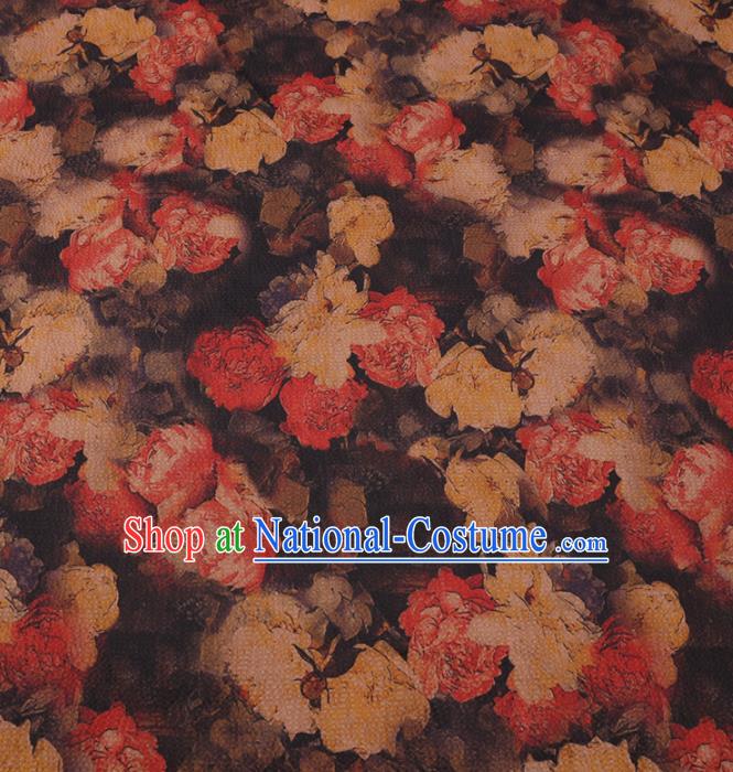 Asian Chinese Classical Roses Pattern Design Brown Watered Gauze Fabric Traditional Silk Material