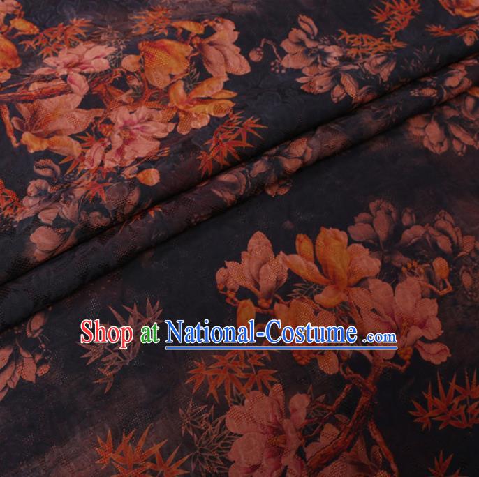 Asian Chinese Classical Magnolia Maple Leaf Pattern Design Navy Watered Gauze Fabric Traditional Silk Material