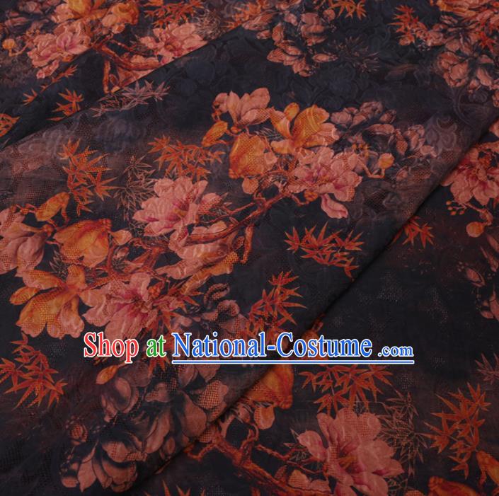 Asian Chinese Classical Magnolia Maple Leaf Pattern Design Navy Watered Gauze Fabric Traditional Silk Material