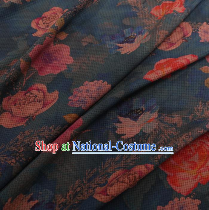 Chinese Cheongsam Classical Roses Pattern Design Blue Watered Gauze Fabric Asian Traditional Silk Material