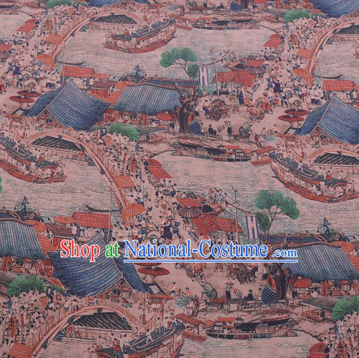 Chinese Cheongsam Classical Riverside Scene at Qingming Festival Pattern Design Watered Gauze Fabric Asian Traditional Silk Material