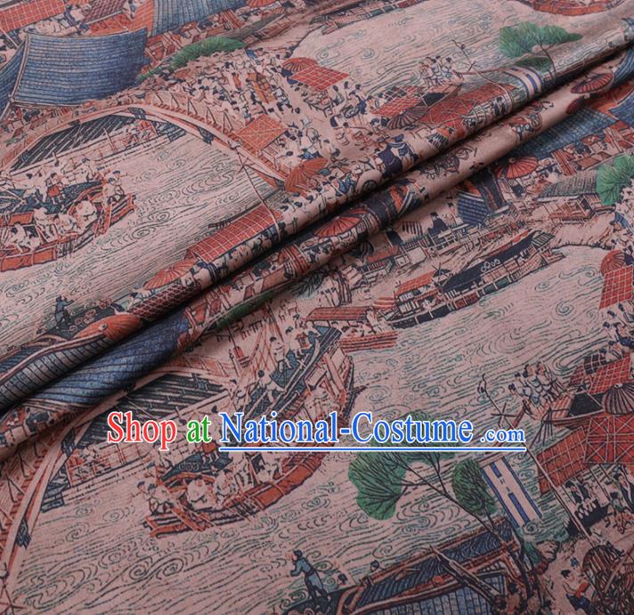 Chinese Cheongsam Classical Riverside Scene at Qingming Festival Pattern Design Watered Gauze Fabric Asian Traditional Silk Material