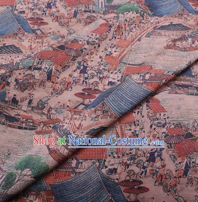 Chinese Cheongsam Classical Riverside Scene at Qingming Festival Pattern Design Watered Gauze Fabric Asian Traditional Silk Material