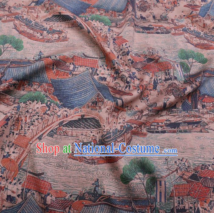 Chinese Cheongsam Classical Riverside Scene at Qingming Festival Pattern Design Watered Gauze Fabric Asian Traditional Silk Material