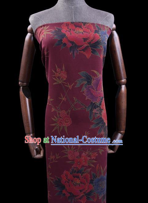 Chinese Cheongsam Classical Peony Plum Pattern Design Wine Red Watered Gauze Fabric Asian Traditional Silk Material