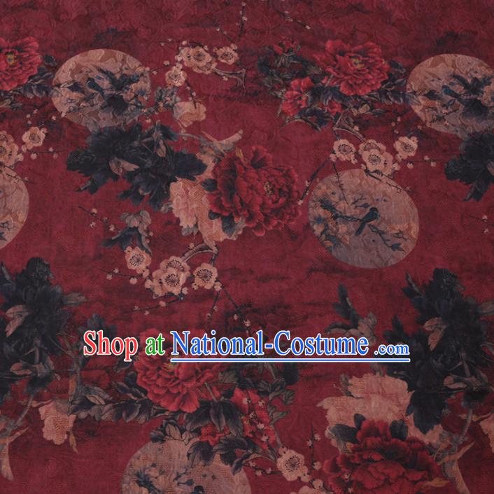 Asian Chinese Classical Peony Plum Pattern Design Dark Red Watered Gauze Fabric Traditional Silk Material