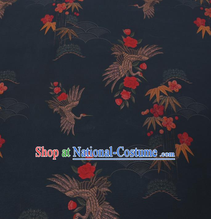 Chinese Cheongsam Classical Crane Bamboo Leaf Pattern Design Navy Watered Gauze Fabric Asian Traditional Silk Material