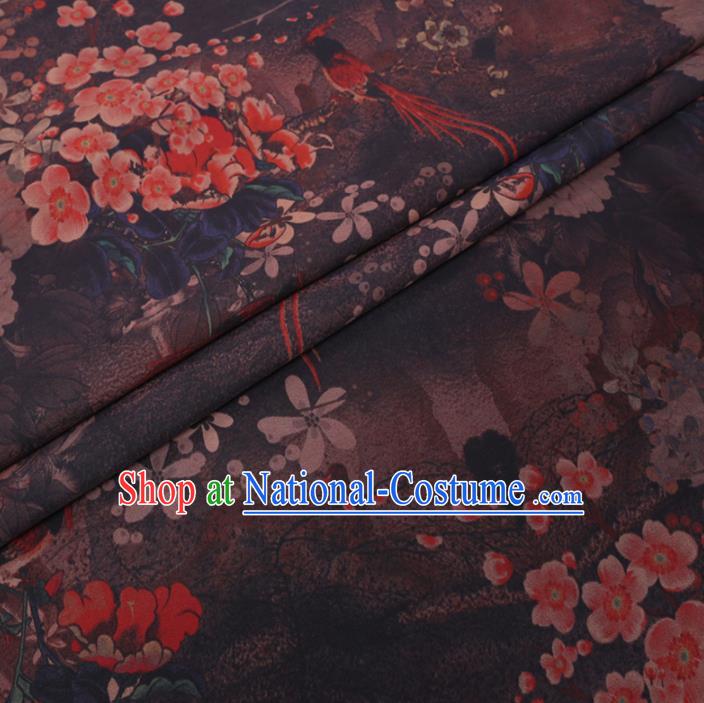 Chinese Cheongsam Classical Plum Peony Pattern Design Brown Watered Gauze Fabric Asian Traditional Silk Material