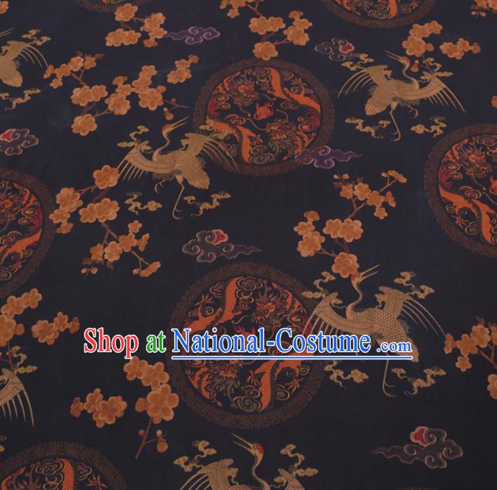 Chinese Cheongsam Classical Crane Plum Pattern Design Black Watered Gauze Fabric Asian Traditional Silk Material