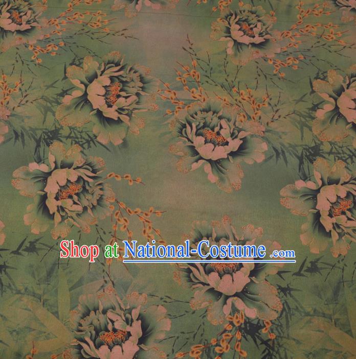 Chinese Cheongsam Classical Peony Jasminum Pattern Design Green Watered Gauze Fabric Asian Traditional Silk Material