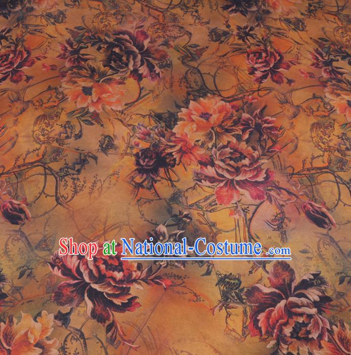 Chinese Cheongsam Classical Twine Peony Pattern Design Ginger Watered Gauze Fabric Asian Traditional Silk Material