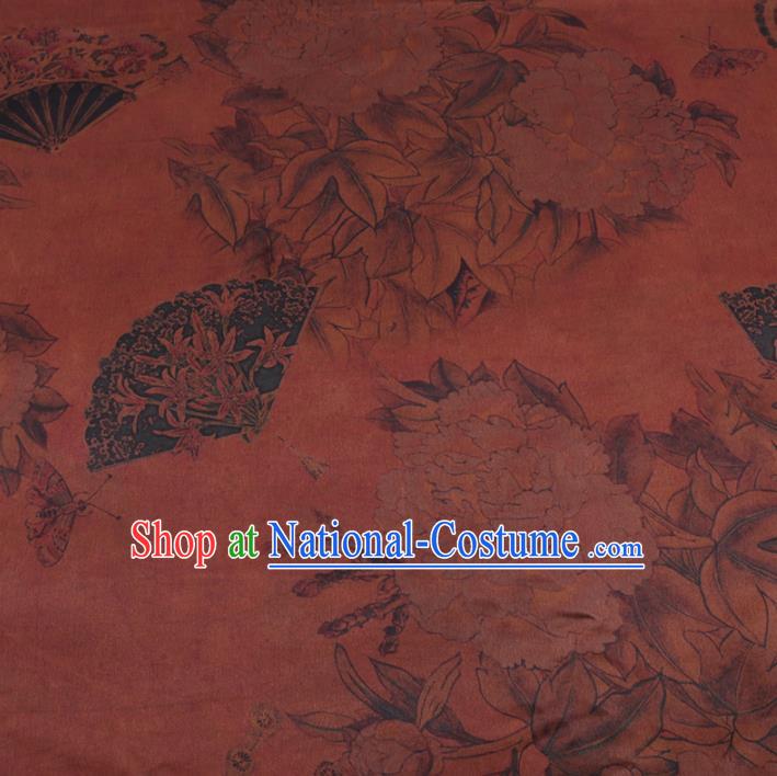 Chinese Cheongsam Classical Peony Fan Pattern Design Rust Red Watered Gauze Fabric Asian Traditional Silk Material