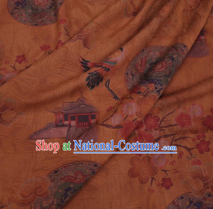 Chinese Cheongsam Classical Plum Crane Pattern Design Ginger Watered Gauze Fabric Asian Traditional Silk Material