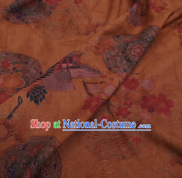 Chinese Cheongsam Classical Plum Crane Pattern Design Ginger Watered Gauze Fabric Asian Traditional Silk Material