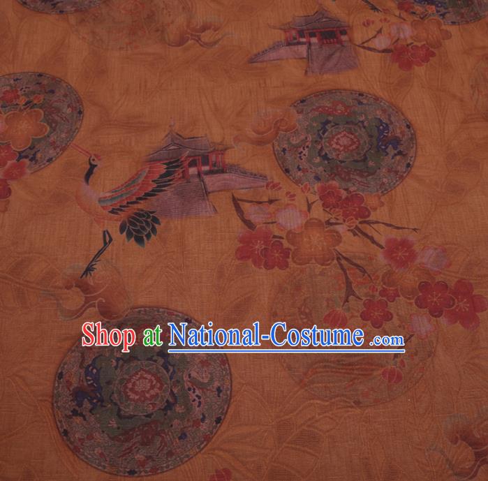 Chinese Cheongsam Classical Plum Crane Pattern Design Ginger Watered Gauze Fabric Asian Traditional Silk Material