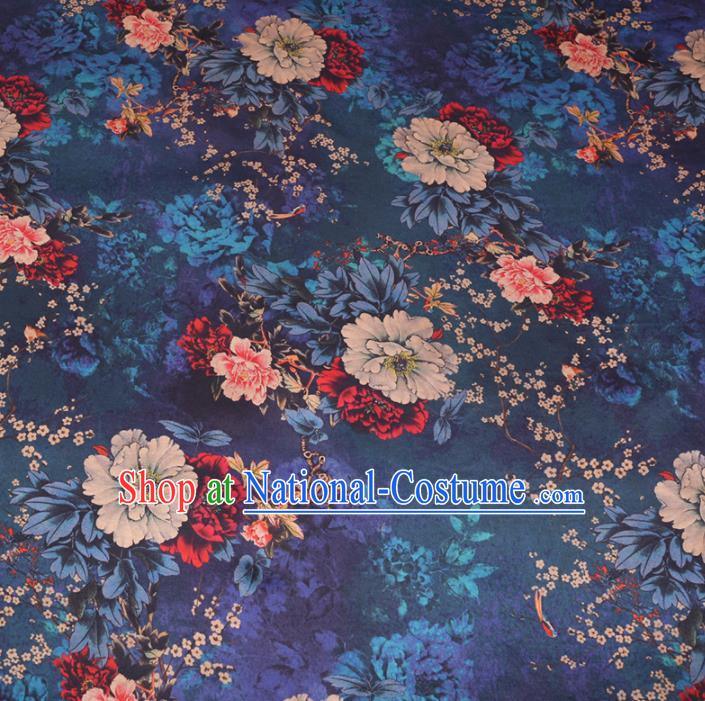 Chinese Cheongsam Classical Plum Peony Pattern Design Peacock Blue Watered Gauze Fabric Asian Traditional Silk Material