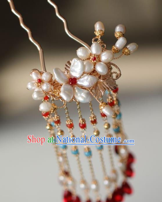 Chinese Handmade Ming Dynasty Princess Shell Pearls Tassel Hairpins Ancient Hanfu Hair Accessories for Women