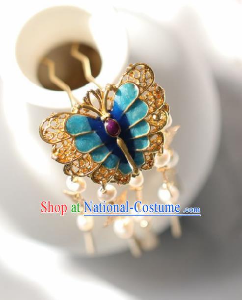 Chinese Handmade Ming Dynasty Queen Blue Butterfly Hairpins Ancient Hanfu Hair Accessories for Women