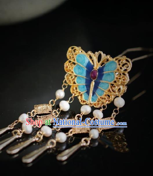 Chinese Handmade Ming Dynasty Queen Blue Butterfly Hairpins Ancient Hanfu Hair Accessories for Women