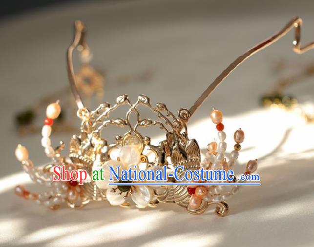 Chinese Handmade Ming Dynasty Queen Pearls Hair Crown Hairpins Ancient Hanfu Hair Accessories for Women