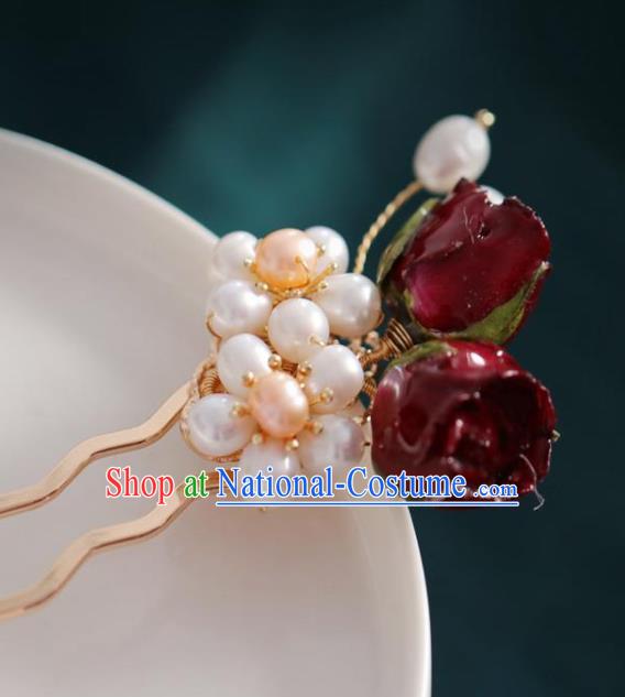 Chinese Handmade Ming Dynasty Princess Pearls Wine Red Flowers Hairpins Ancient Hanfu Hair Accessories for Women