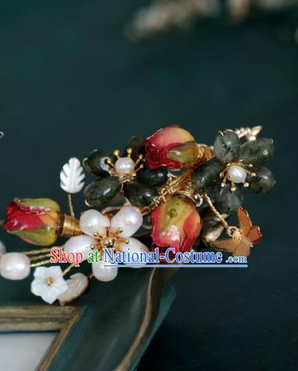 Chinese Handmade Ming Dynasty Princess Red Flower Pearls Hairpins Ancient Hanfu Hair Accessories for Women