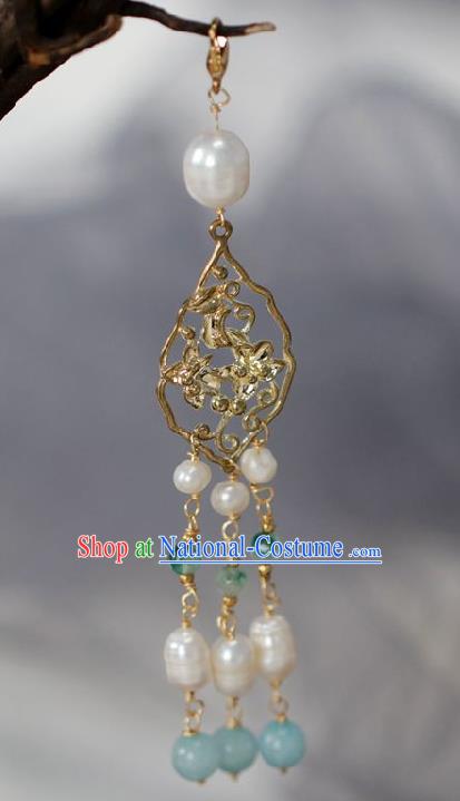 Chinese Traditional Ming Dynasty Pearls Tassel Golden Pendant Handmade Ancient Princess Jewelry Accessories for Women