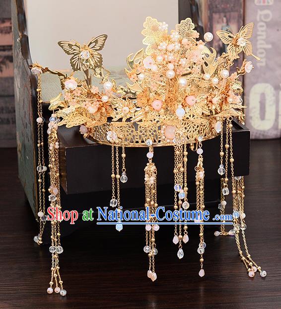 Chinese Traditional Wedding Queen Golden Butterfly Hair Crown Hairpins Handmade Bride Hair Accessories for Women