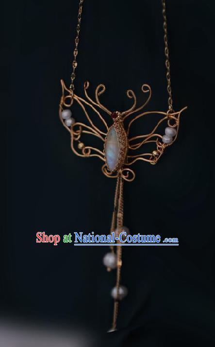 Chinese Traditional Ming Dynasty Moonstone Butterfly Necklace Handmade Ancient Princess Necklet Accessories for Women