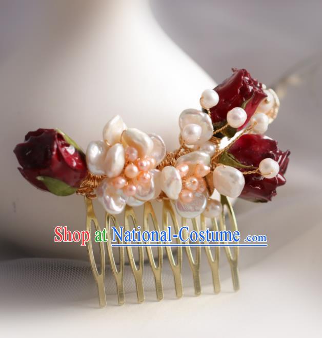 Chinese Handmade Ming Dynasty Princess Red Flowers Hair Comb Hairpins Ancient Hanfu Hair Accessories for Women