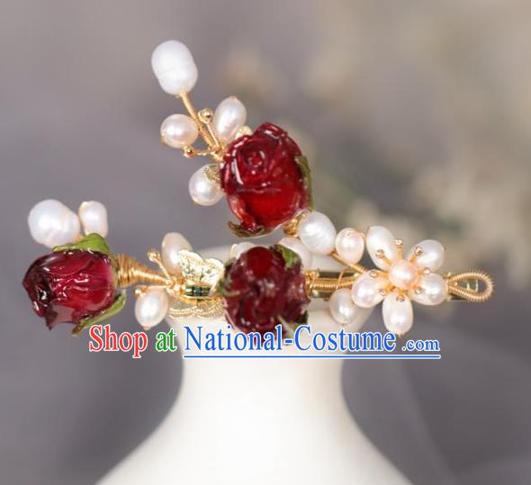 Chinese Handmade Ming Dynasty Princess Red Flowers Pearls Hair Claw Hairpins Ancient Hanfu Hair Accessories for Women