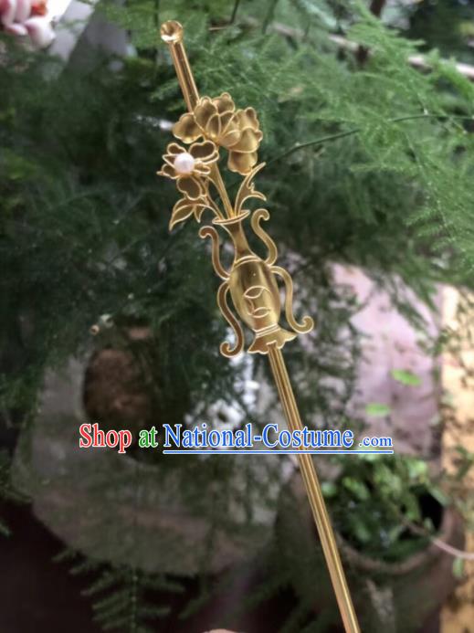 Chinese Traditional Hanfu Tang Dynasty Court Golden Vase Hairpins Handmade Ancient Royal Princess Hair Accessories for Women