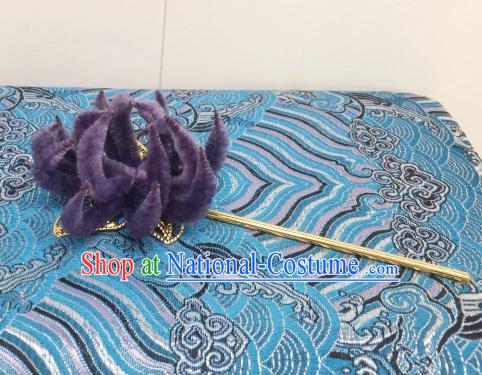 Chinese Traditional Hanfu Qing Dynasty Court Purple Velvet Chrysanthemum Hairpins Handmade Ancient Royal Princess Hair Accessories for Women