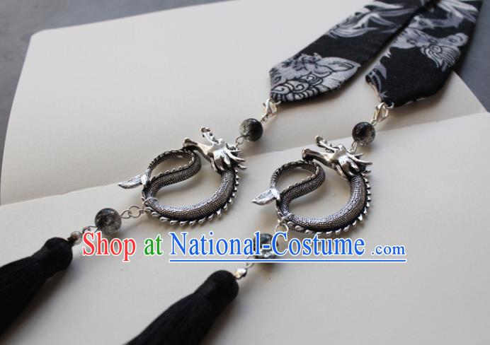 Chinese Traditional Hanfu Ming Dynasty Black Ribbon Headband Handmade Ancient Princess Hair Accessories for Women