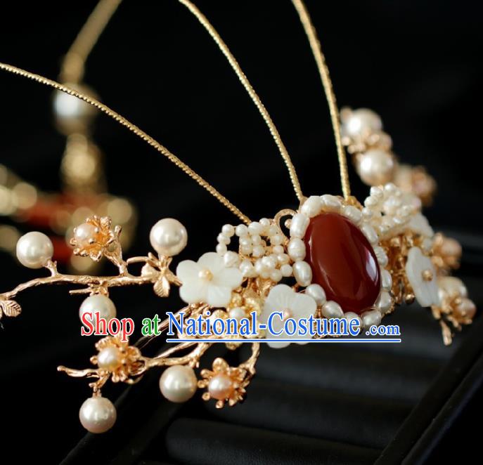 Chinese Handmade Ming Dynasty Princess Pearls Hair Crown Hairpins Ancient Hanfu Hair Accessories for Women