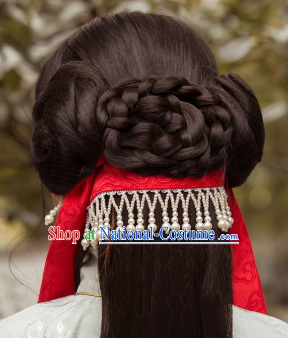 Chinese Traditional Hanfu Ming Dynasty Red Ribbon Headband Handmade Ancient Princess Hair Accessories for Women