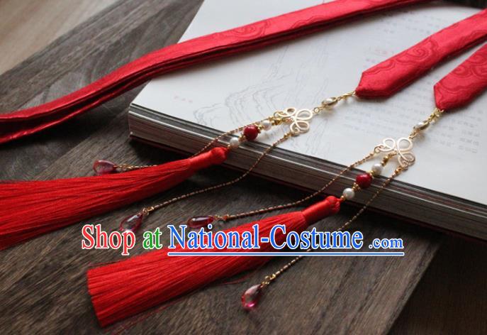 Chinese Traditional Hanfu Ming Dynasty Red Ribbon Tassel Headband Handmade Ancient Princess Hair Accessories for Women