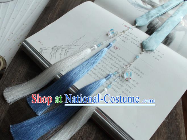 Chinese Traditional Hanfu Ming Dynasty Blue Ribbon Tassel Headband Handmade Ancient Princess Hair Accessories for Women