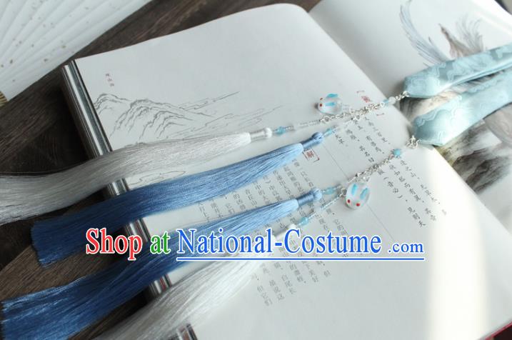 Chinese Traditional Hanfu Ming Dynasty Blue Ribbon Tassel Headband Handmade Ancient Princess Hair Accessories for Women