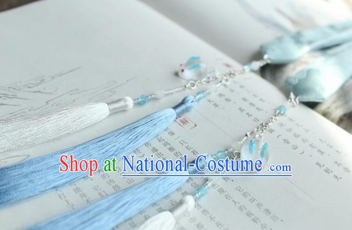 Chinese Traditional Hanfu Ming Dynasty Blue Ribbon Tassel Headband Handmade Ancient Princess Hair Accessories for Women